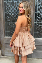 Fioone | Champagne - Halter A-Line Ruffle Tiered Satin Homecoming Dresses