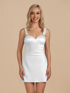 Fioraelyn | White - Sheath Satin V Neck Short Homecoming Dresses with Flower Straps - KissProm