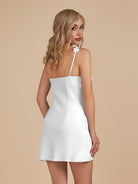 Fioraelyn | White - Sheath Satin V Neck Short Homecoming Dresses with Flower Straps - KissProm