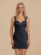 Fioraelyn | Navy Blue - Sheath Satin V Neck Short Homecoming Dresses with Flower Straps - KissProm