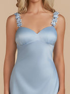 Fioraelyn | Sky Blue - Sheath Satin V Neck Short Homecoming Dresses with Flower Straps