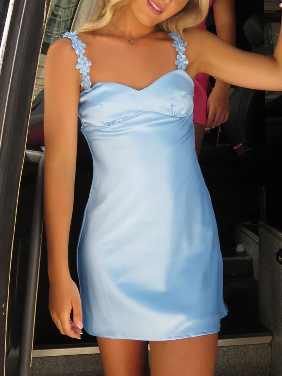 Fioraelyn | Sky Blue - Sheath Satin V Neck Short Homecoming Dresses with Flower Straps
