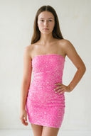 Sheath Fitted Strapless Pink Sequined Mini Party Dresses