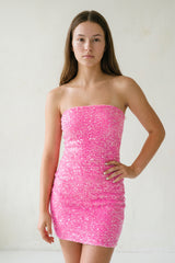 Sheath Fitted Strapless Pink Sequined Mini Party Dresses