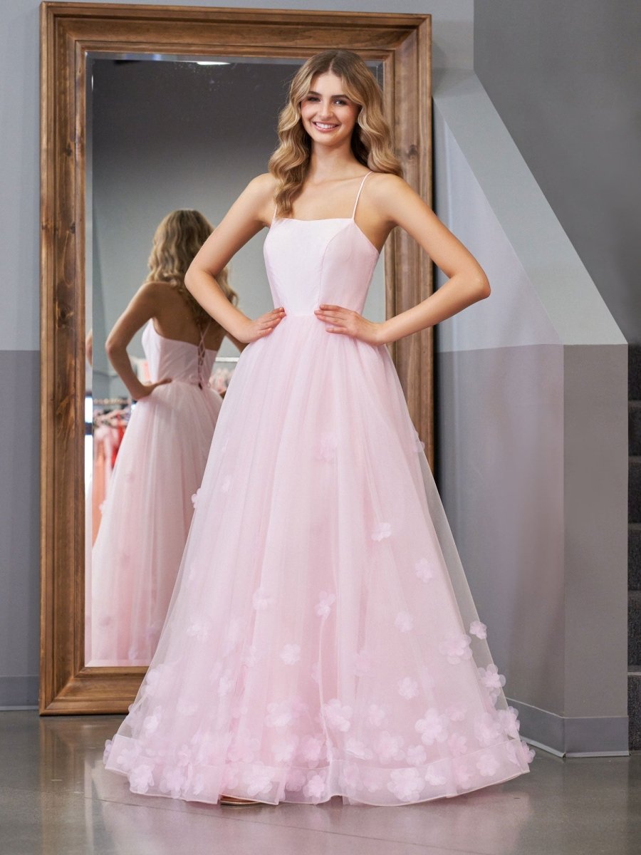 Arabella Pink A-line Spaghetti Straps Pink Tulle Prom Dress
