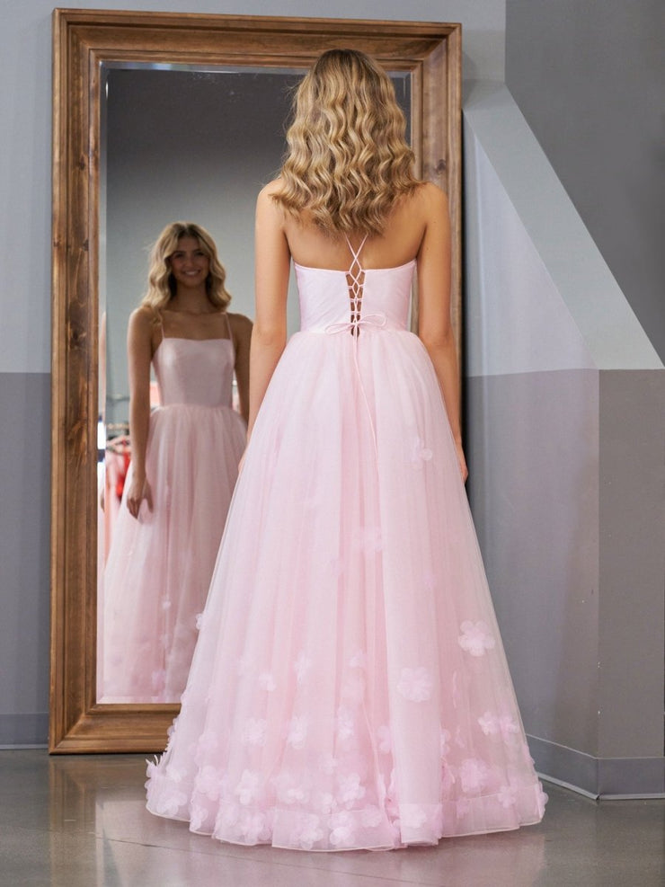 A Line Pink Spaghetti Straps Appliques Prom Dress with Slit LBQ0792 main image 1