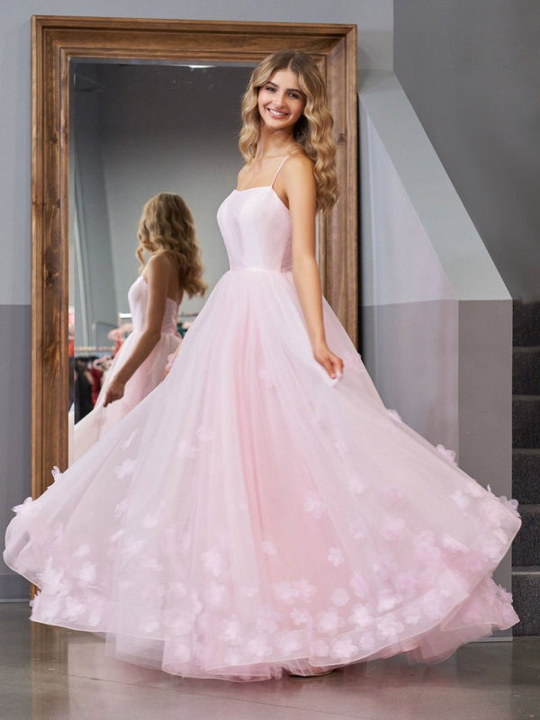 Arabella |A-line Spaghetti Straps Pink Tulle Prom Dress