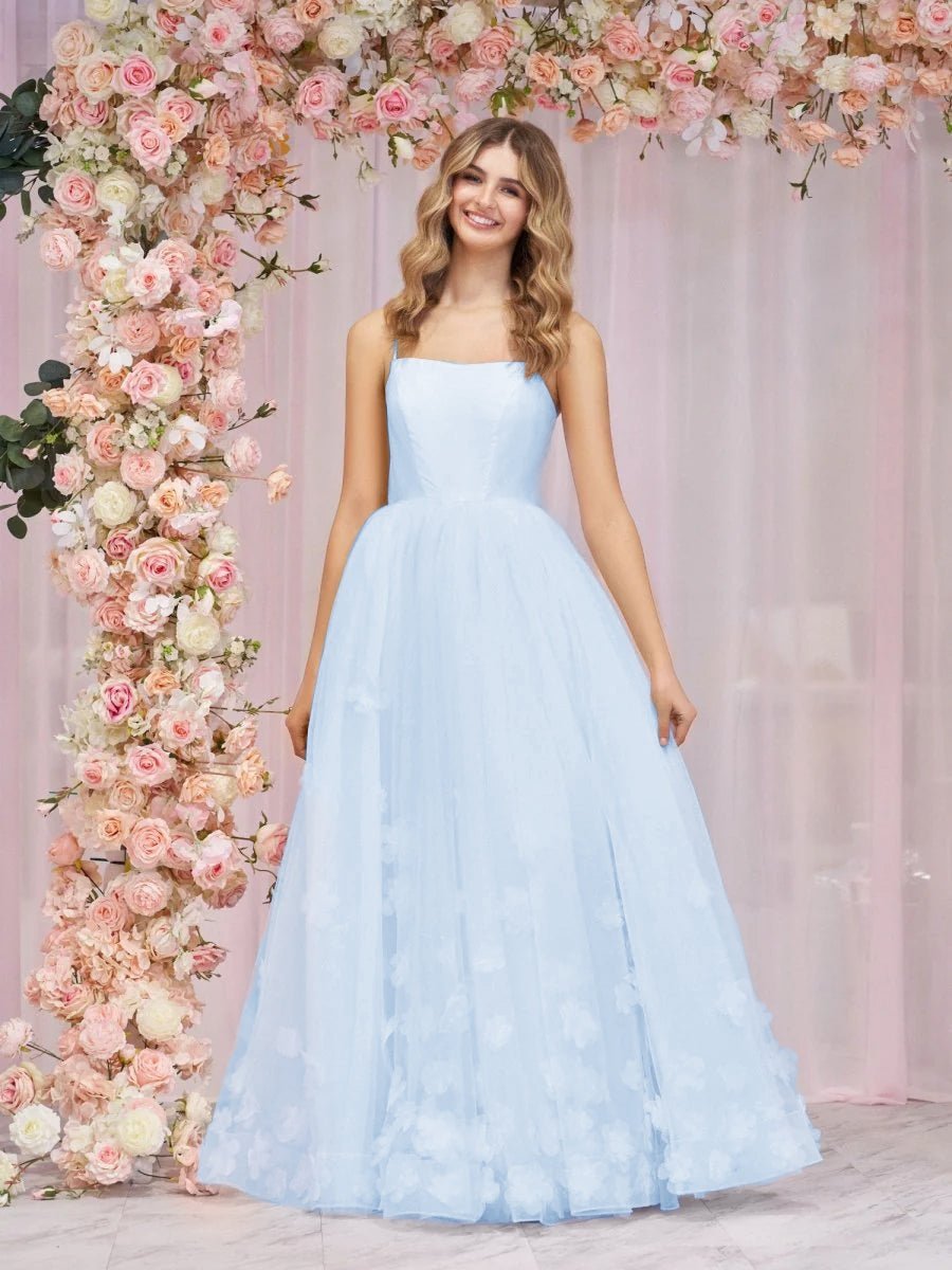 Sky Blue A-line Spaghetti Straps Pink Tulle Prom Dress - KISSPROM