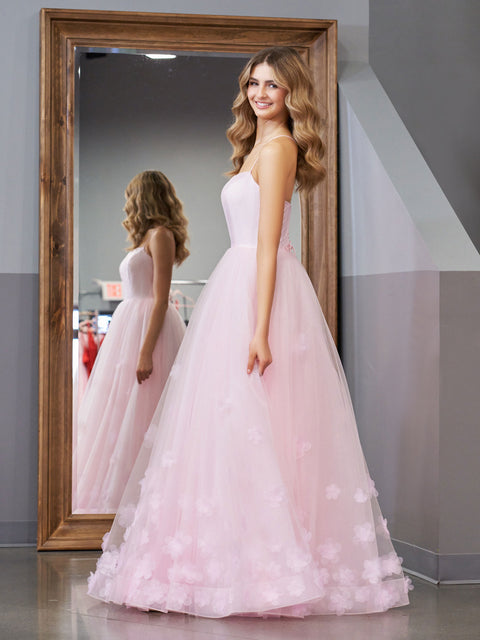 Sparkly Pink A Line Spaghetti Straps Ruffle Long Prom Dress With Sequins