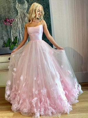 Arabella |A-line Spaghetti Straps Pink Tulle Prom Dress