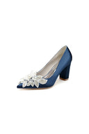 Floral Beaded Pointed Toe Chunky Heel - KissProm