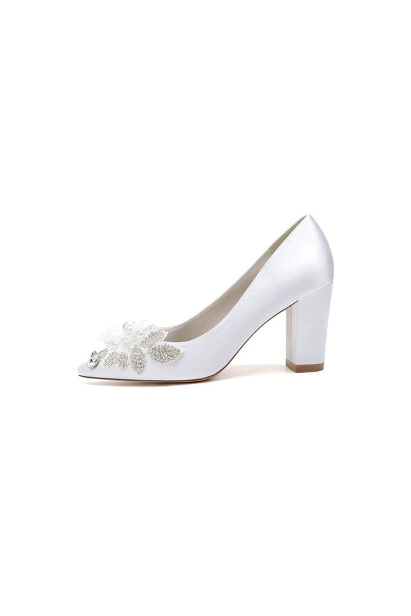Floral Beaded Pointed Toe Chunky Heel - KissProm