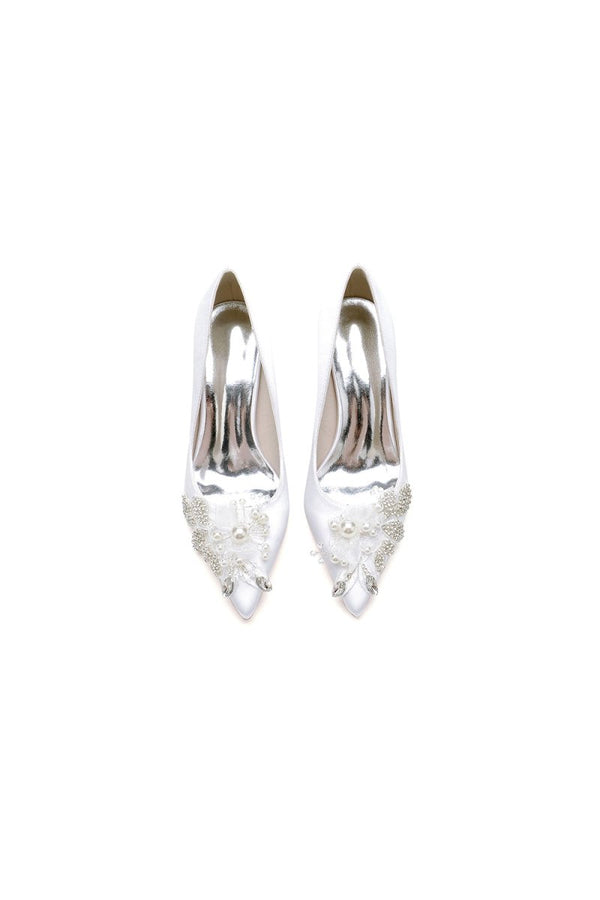 Floral Beaded Pointed Toe Chunky Heel - KissProm