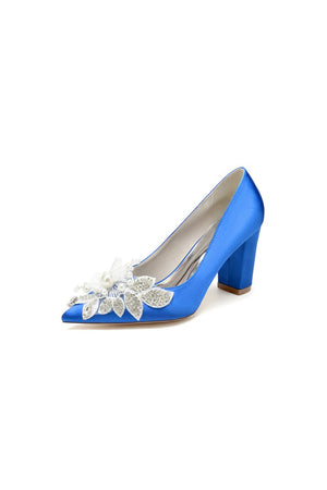 Floral Beaded Pointed Toe Chunky Heel - KissProm