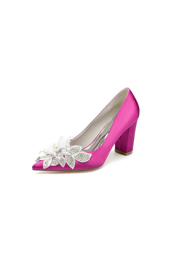 Floral Beaded Pointed Toe Chunky Heel - KissProm
