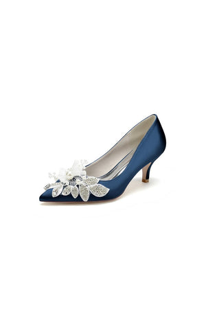 Floral Beading Pointed Toe Satin Kitten Heels - KissProm