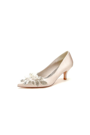 Floral Beading Pointed Toe Satin Kitten Heels - KissProm