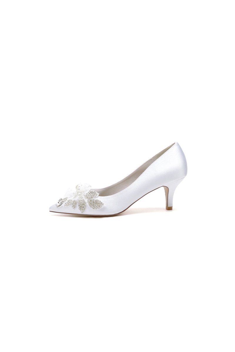 Floral Beading Pointed Toe Satin Kitten Heels - KissProm