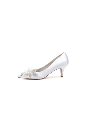 Floral Beading Pointed Toe Satin Kitten Heels - KissProm