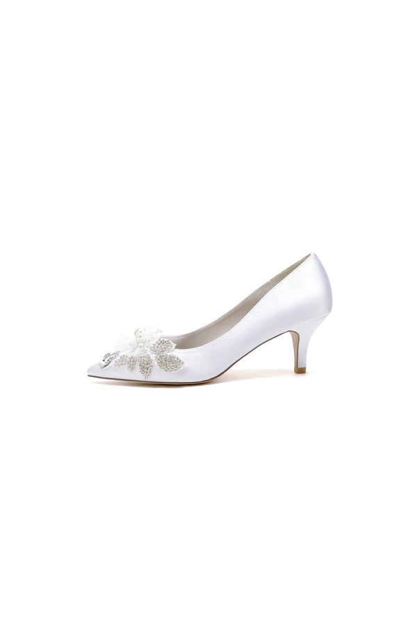 Floral Beading Pointed Toe Satin Kitten Heels - KissProm