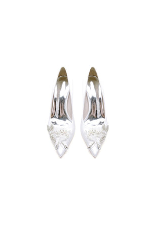 Floral Beading Pointed Toe Satin Kitten Heels - KissProm