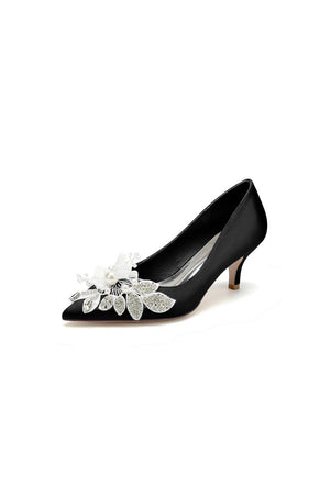 Floral Beading Pointed Toe Satin Kitten Heels - KissProm