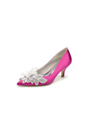 Floral Beading Pointed Toe Satin Kitten Heels - KissProm