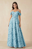 Floral Chiffon Off - the - Shoulder A - Line Bridesmaid Dress in Adriatic Blue - KissProm Bridesmaid Dresses