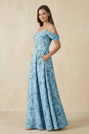 Floral Chiffon Off - the - Shoulder A - Line Bridesmaid Dress in Adriatic Blue - KissProm Bridesmaid Dresses