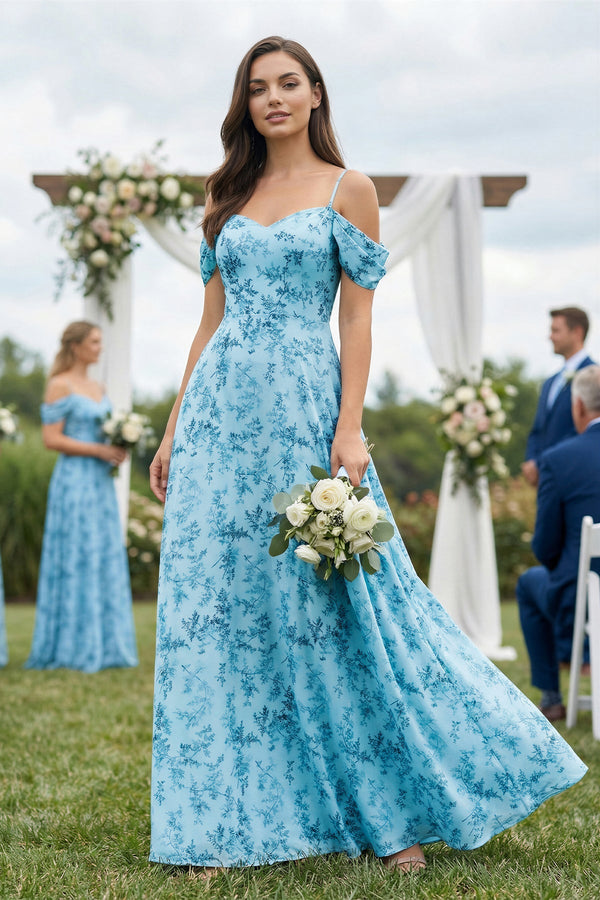 Floral Chiffon Off - the - Shoulder A - Line Bridesmaid Dress in Adriatic Blue - KissProm Bridesmaid Dresses