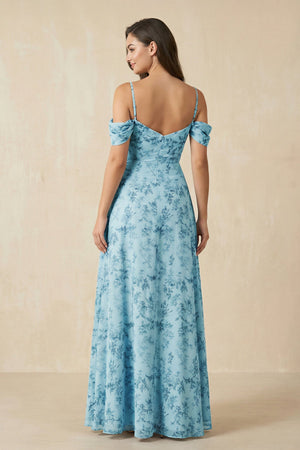 Floral Chiffon Off - the - Shoulder A - Line Bridesmaid Dress in Adriatic Blue - KissProm Bridesmaid Dresses