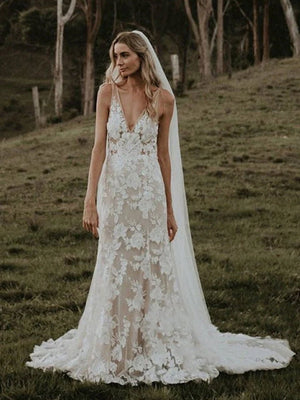 Floral Lace Appliques V Neck Sleeveless Mermaid Boho Wedding Dresses - KissProm