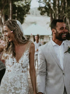 Floral Lace Appliques V Neck Sleeveless Mermaid Boho Wedding Dresses - KissProm