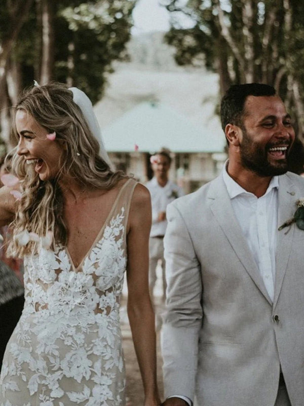 Floral Lace Appliques V Neck Sleeveless Mermaid Boho Wedding Dresses - KissProm