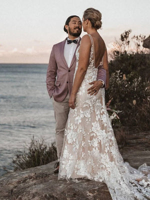 Floral Lace Appliques V Neck Sleeveless Mermaid Boho Wedding Dresses - KissProm