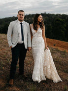 Floral Lace Appliques V Neck Sleeveless Mermaid Boho Wedding Dresses - KissProm