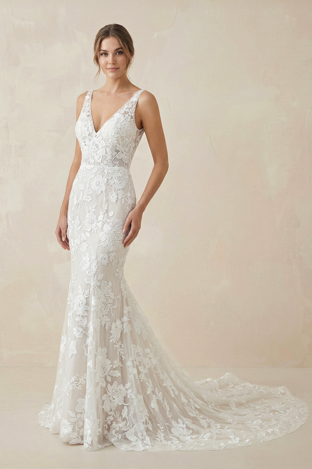 Floral Lace Appliques V Neck Sleeveless Mermaid Boho Wedding Dresses – Wedding Dresses by KissProm | Available at KissProm