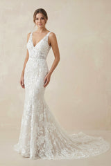 Floral Lace Appliques V Neck Sleeveless Mermaid Boho Wedding Dresses – Wedding Dresses by KissProm | Available at KissProm
