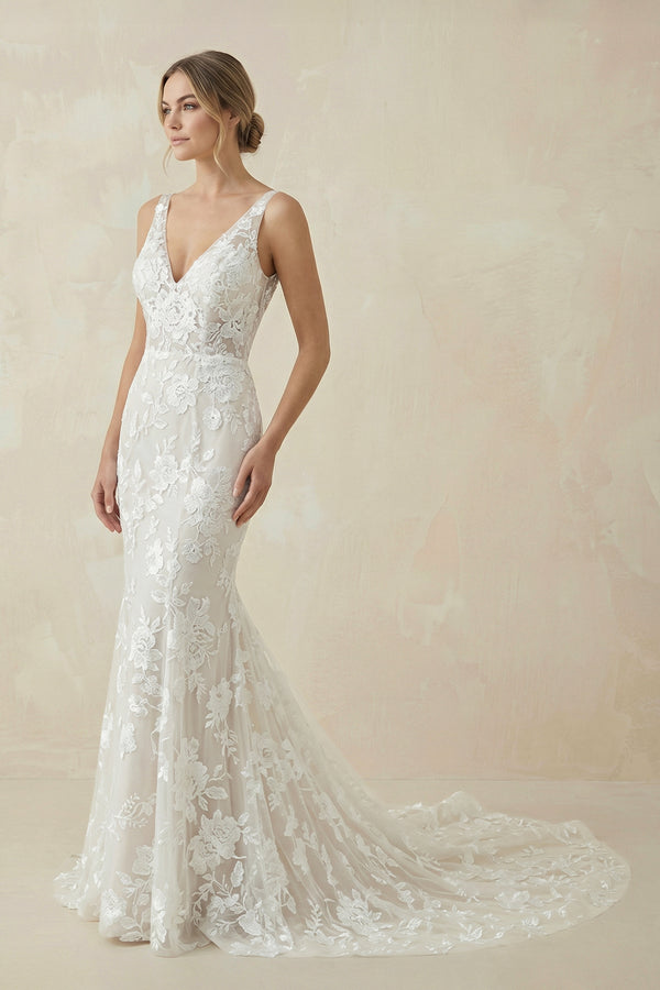 Floral Lace Appliques V Neck Sleeveless Mermaid Boho Wedding Dresses – Wedding Dresses by KissProm | Available at KissProm