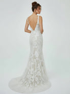 Floral Lace Appliques V Neck Sleeveless Mermaid Boho Wedding Dresses - KissProm