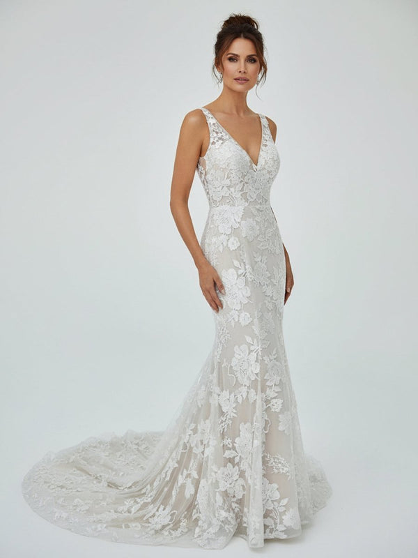 Floral Lace Appliques V Neck Sleeveless Mermaid Boho Wedding Dresses - KissProm