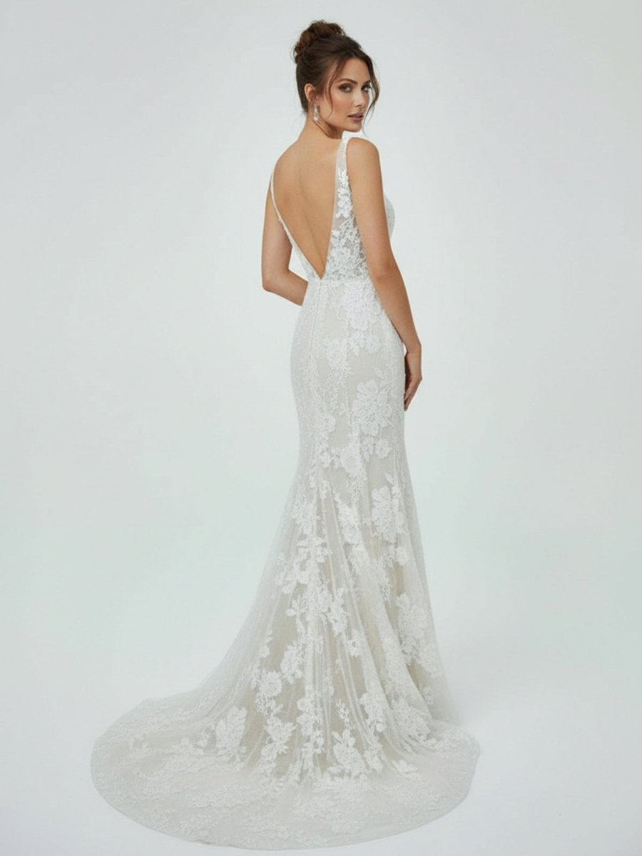 Floral Lace Appliques V Neck Sleeveless Mermaid Boho Wedding Dresses - KissProm