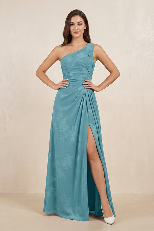 KissProm Floral Printed One-Shoulder A-Line Chiffon Bridesmaid Dress in Adriatic Blue, Adriatic Blue / 28