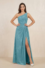Floral Printed One - Shoulder A - Line Chiffon Bridesmaid Dress in Adriatic Blue - KissProm Bridesmaid Dresses