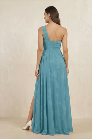 Floral Printed One - Shoulder A - Line Chiffon Bridesmaid Dress in Adriatic Blue - KissProm Bridesmaid Dresses