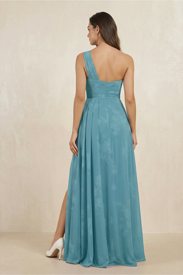 Floral Printed One - Shoulder A - Line Chiffon Bridesmaid Dress in Adriatic Blue - KissProm Bridesmaid Dresses