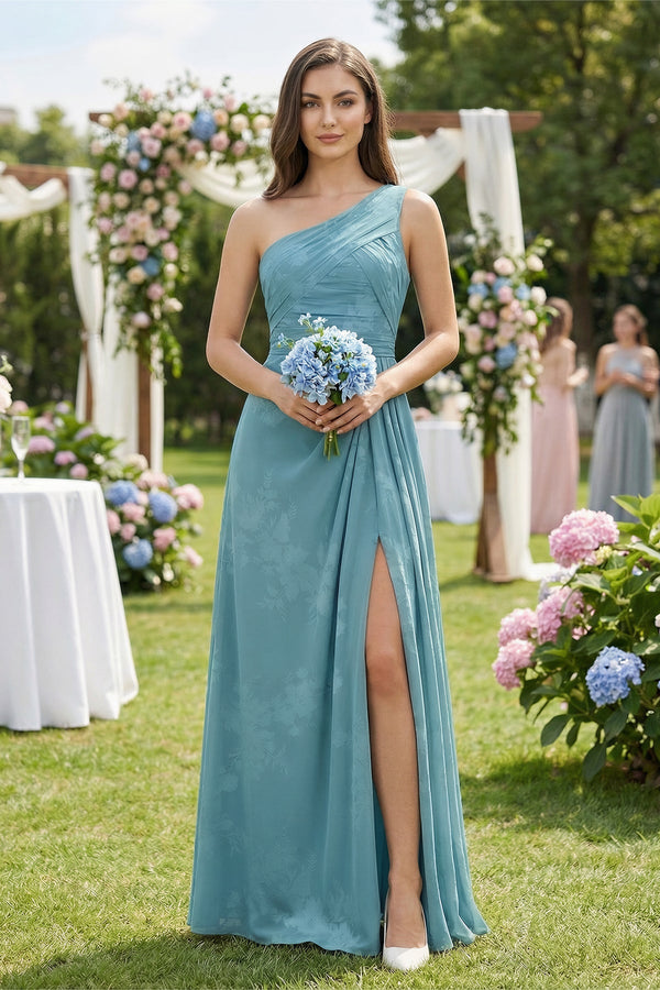 Floral Printed One - Shoulder A - Line Chiffon Bridesmaid Dress in Adriatic Blue - KissProm Bridesmaid Dresses