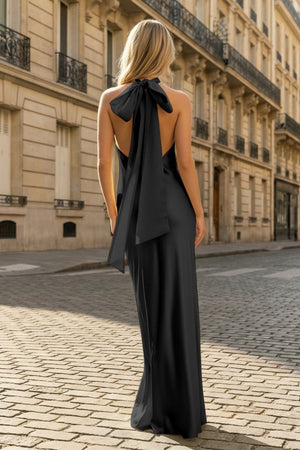 Yellow Halter Sheath Satin Backless Long Prom Dresses - KissProm