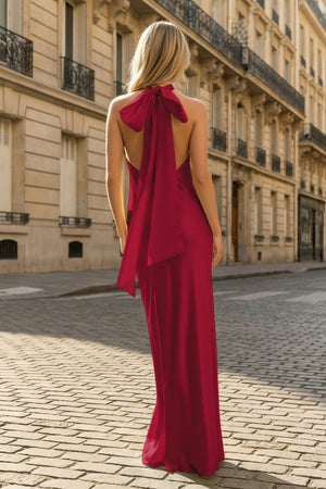 Yellow Halter Sheath Satin Backless Long Prom Dresses - KissProm