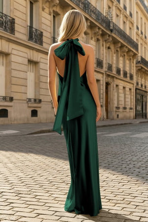 Yellow Halter Sheath Satin Backless Long Prom Dresses - KissProm